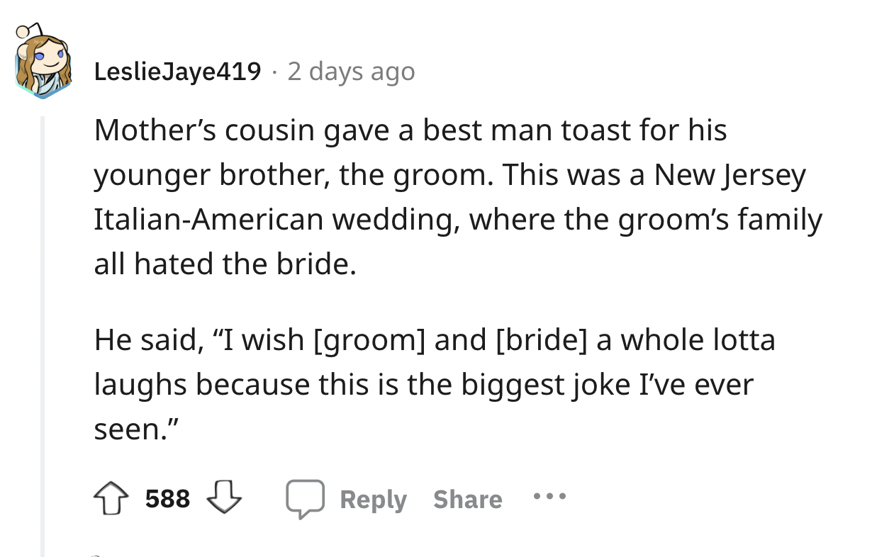 number - Leslie Jaye419 2 days ago Mother's cousin gave a best man toast for his younger brother, the groom. This was a New Jersey ItalianAmerican wedding, where the groom's family all hated the bride. He said, "I wish groom and bride a whole lotta laughs